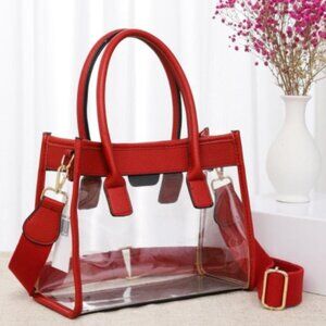 NWT Red Clear Crossbody Tote Bag with Vegan Leather Trim | Stadium Approved